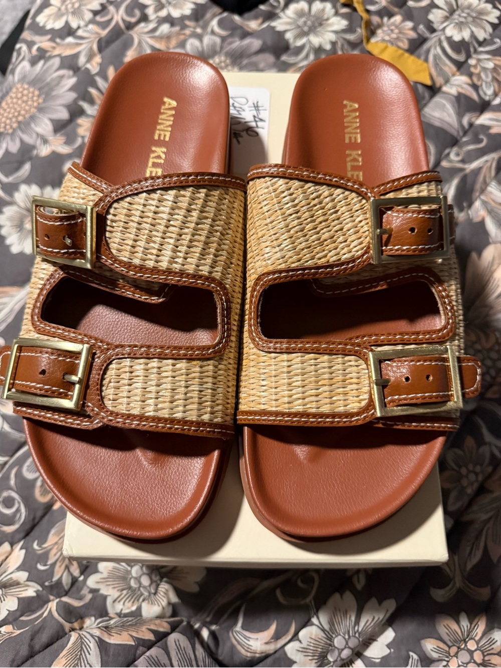 Anne Klein Tan Woven Buckle Slide Sandals